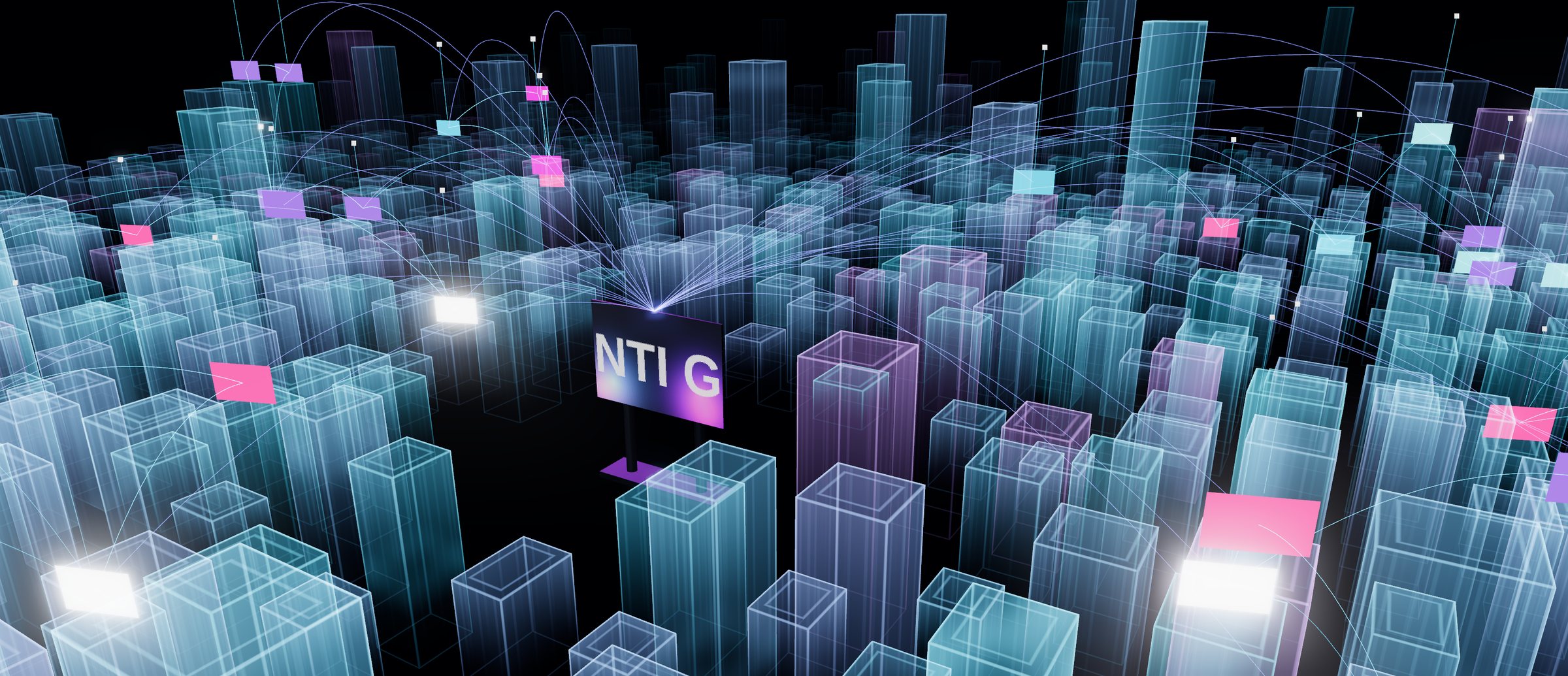 A city drawn as a hologram, with screens linked to each other across the rooftops
