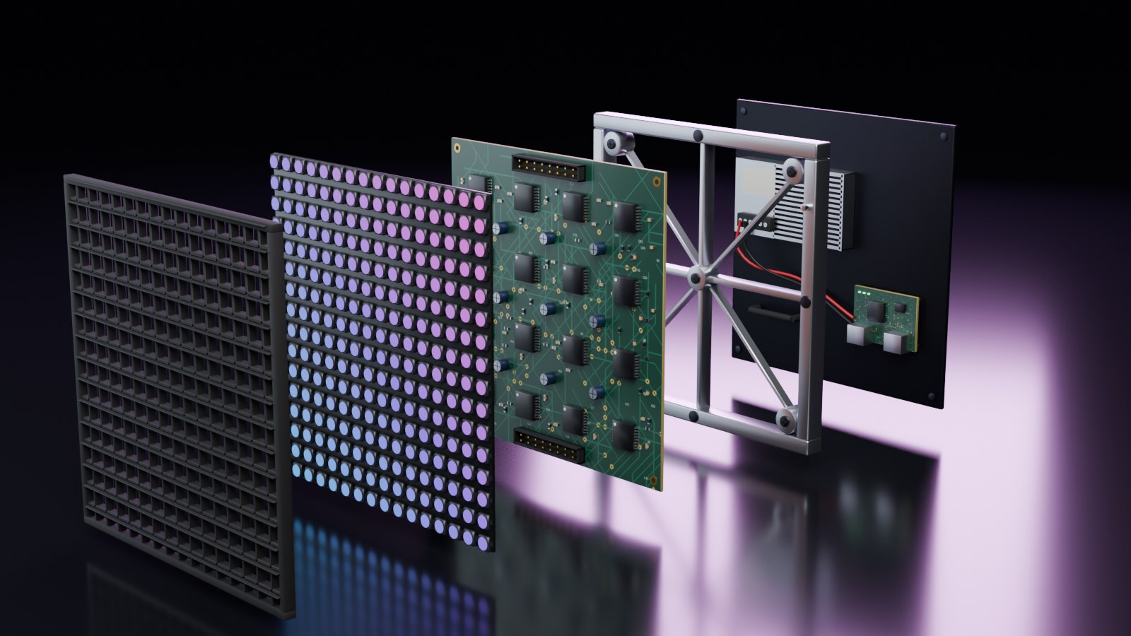 Exploded view of an Atenti LED module, rendered in 3D