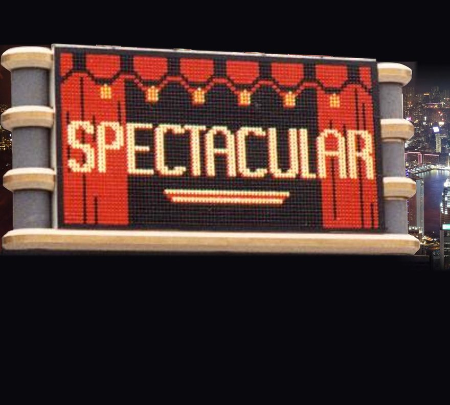 The Lightbulb Billboard, lit with the word Spectacular